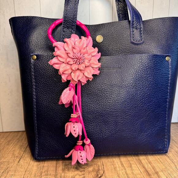Leather Flower Purse Charm Genuine Leather Pink Flower Bag Charm NEW FAST SHIP - Picture 2 of 8